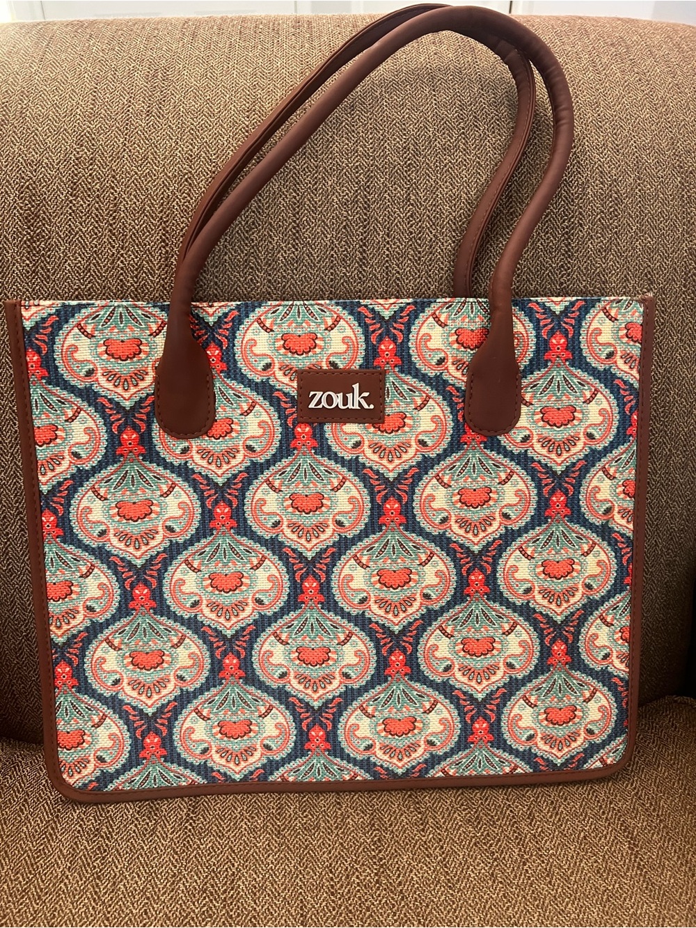 Zouk Women's Coral & Teal Patterned Tote/Laptop Bag with Brown Trim NWOT